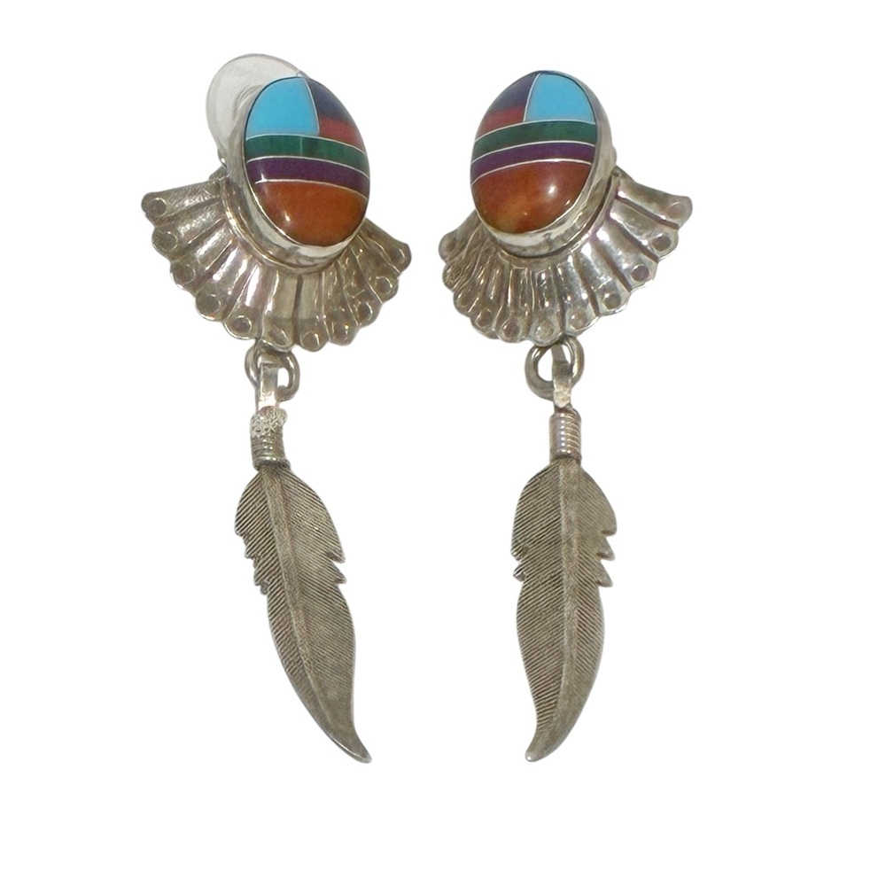 Vintage Sterling‎ Silver Feather Earrings with Multi Stone Inlay Southwestern